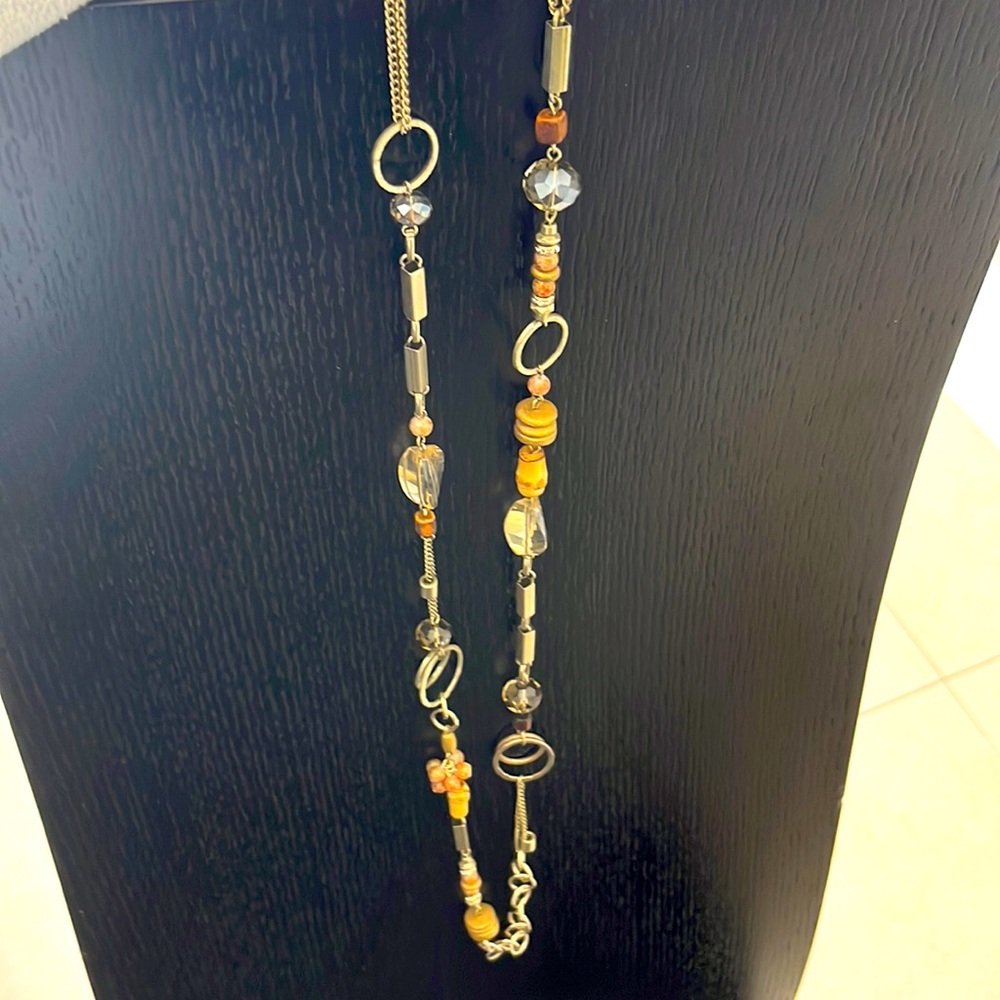 Unique Goldtone link chain with wood, stones & mixed crystals.  NWOT.
